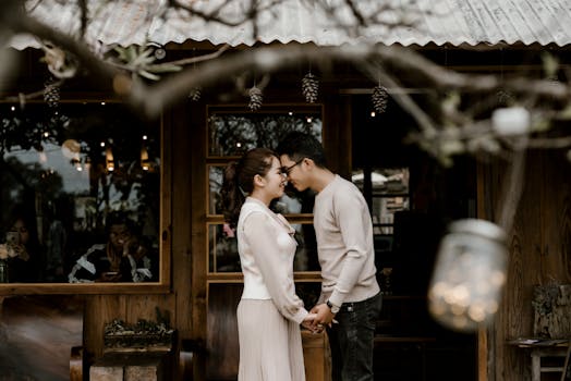 Side view of happy Asian couple looking at each other on decorated porch of wooden house near blurred branch